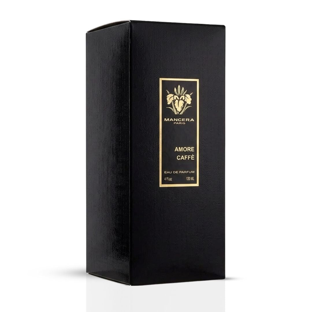 Mancera Amore Caffè Eau de Parfum spray bottle, 120ml, with elegant packaging and a sleek fragrance presentation.