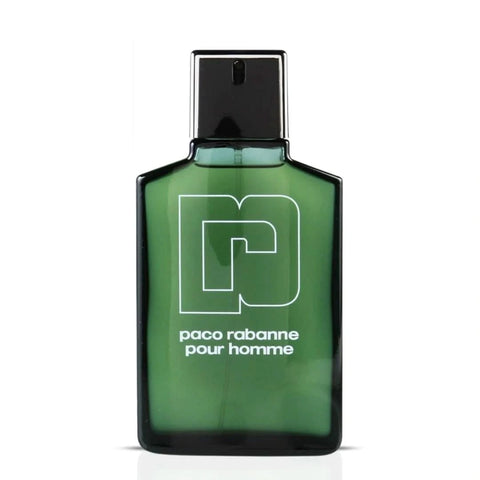 Paco Rabanne Pour Homme Eau de Toilette spray bottle, 100ml, with sleek design and silver cap, showcasing the men's fragrance packaging.