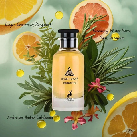 Maison Alhambra Jean Lowe Immortal Eau de Parfum spray 100ml with velvet pouch, featuring the elegant perfume bottle and packaging.