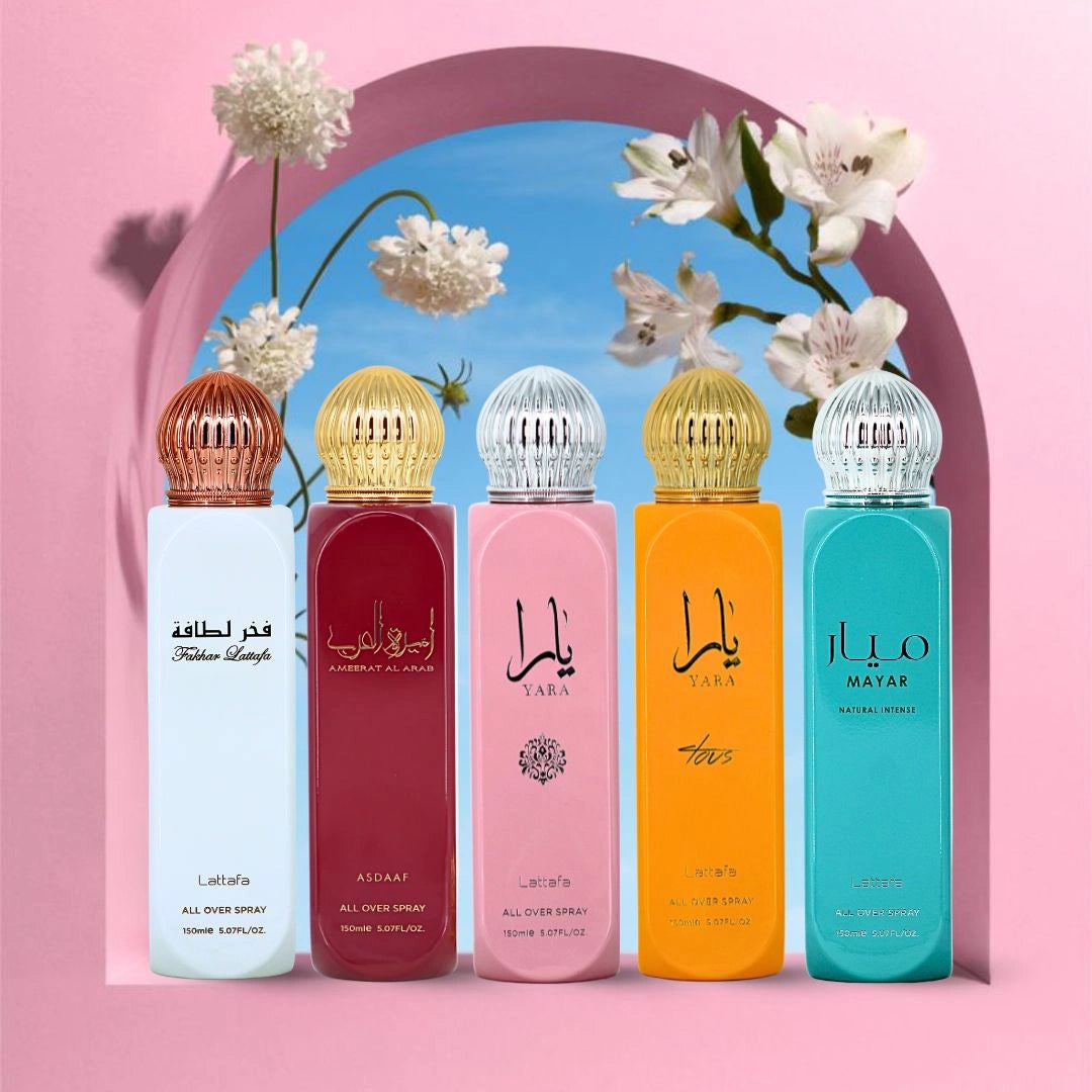 Yara, Yara Tous, Ameerat Al Arab, Mayar Natural Intense & Fakhar Women All-Over Sprays 150ml (5.07 oz) by Lattafa | Five Scents, Endless Moods — The Perfect Mist for Every Moment (Bundle) - Intense Oud