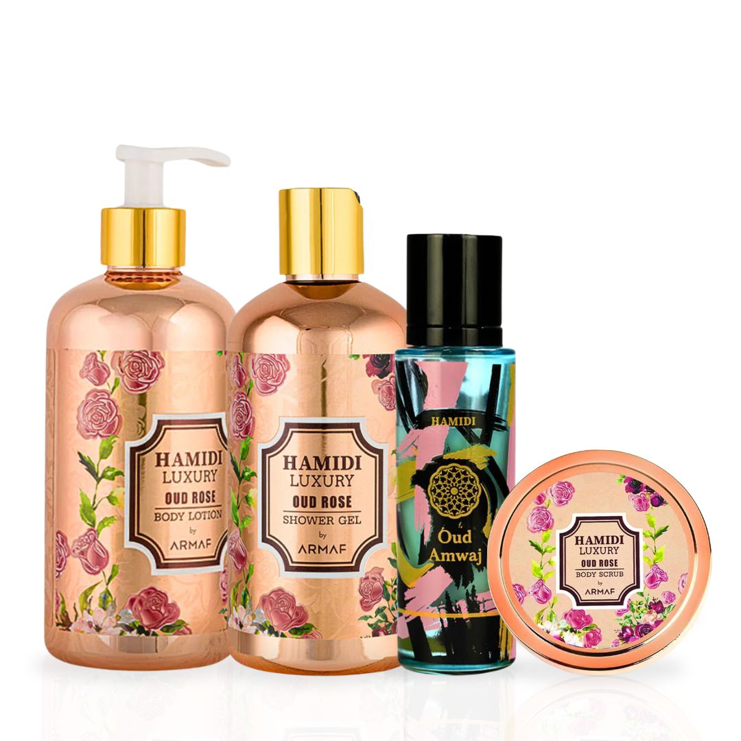 4PCS LUXURY OUD ROSE & Oud Amwaj - Bath & Body Gift Set Magnetic Box By Hamidi | Ultra Moisturizing, Skin-Nourishing, Naturally Derived Ingredients. (Pack Of 4) - Intense Oud