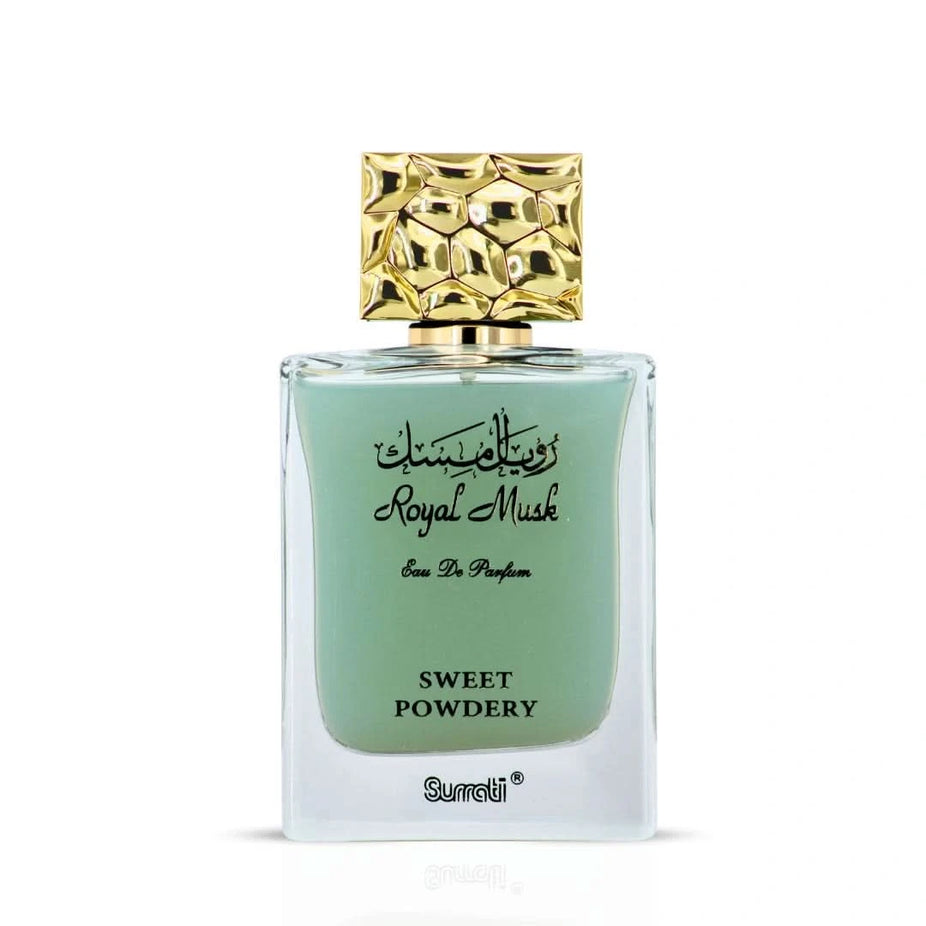 Surrati Royal Musk Sweet Powdery Eau de Parfum spray bottle, 100ml, with elegant packaging and fragrance details visible.