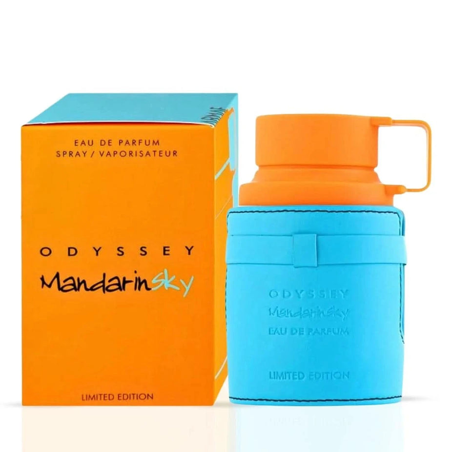 Odyssey Mandarin Sky and Mega Man Eau de Parfum sprays by Armaf in 100ml bundle, featuring sleek glass bottles with decorative caps.