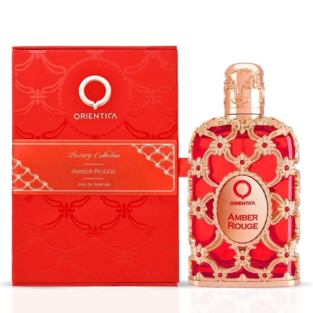 Orientica Amber Rouge and Velvet Gold Eau de Parfum sprays, 80ml bottles, featuring luxurious amber and warm, velvety scents.
