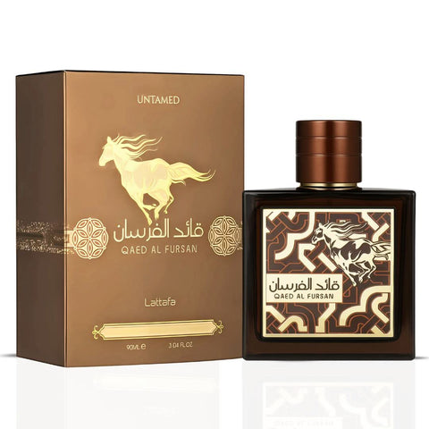 Lattafa Qaed Al Fursan and Untamed Eau de Parfum sprays in a 90ml bundle, featuring sleek bottles with intricate designs.