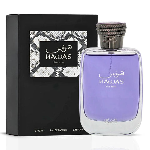Rasasi Hawas for Him and Hawas Atlantis Eau de Parfum spray bundle, 100ml each, with sleek bottle designs on a white background.