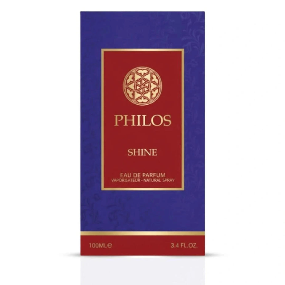Philos Shine Eau de Parfum Spray 100ml by Maison Alhambra, elegant bottle with a sleek design and clear fragrance description.