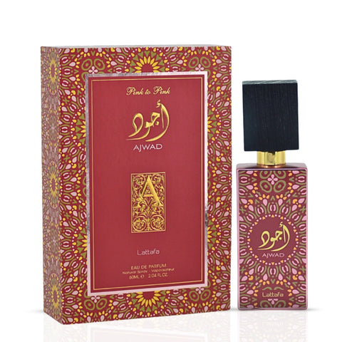 Bundle of Rua Radiant Roses Eau de Parfum by Paris Corner and Ajwad Pink to Pink EDP by Lattafa, both perfume bottles on a white background.