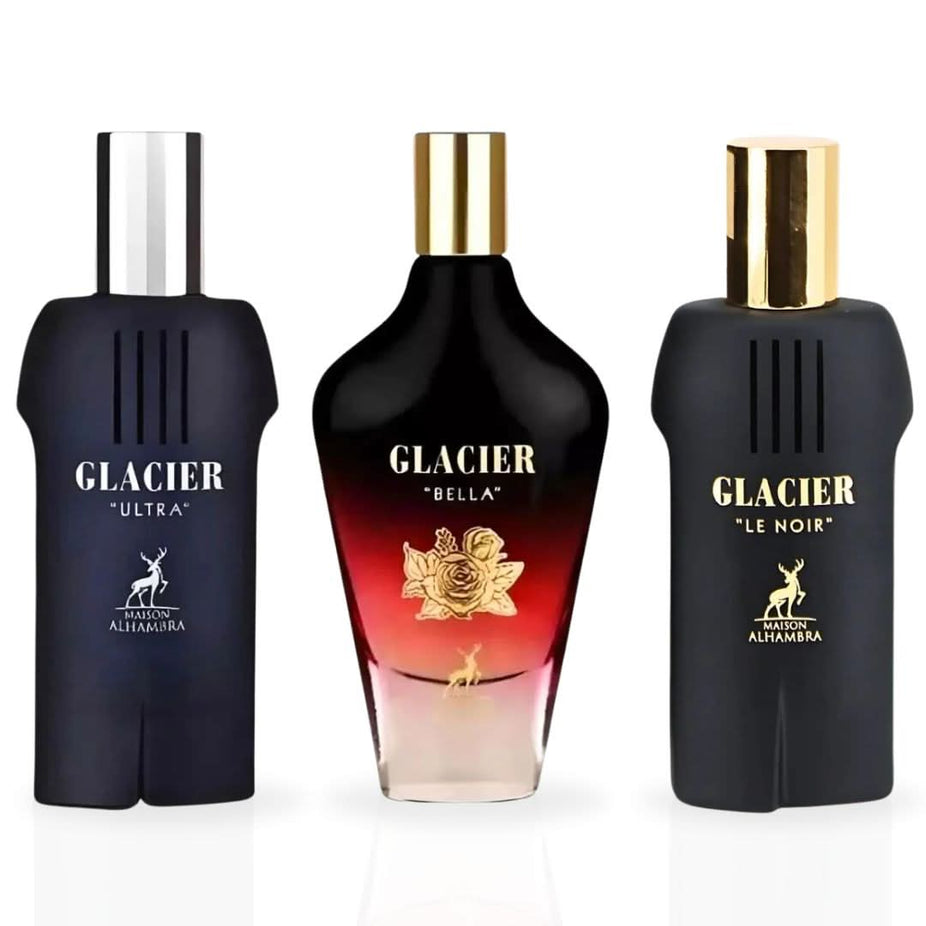 Maison Alhambra Glacier Le Noir and Bella Eau de Parfum sprays in 100ml bottles, featuring elegant glass packaging and labels.