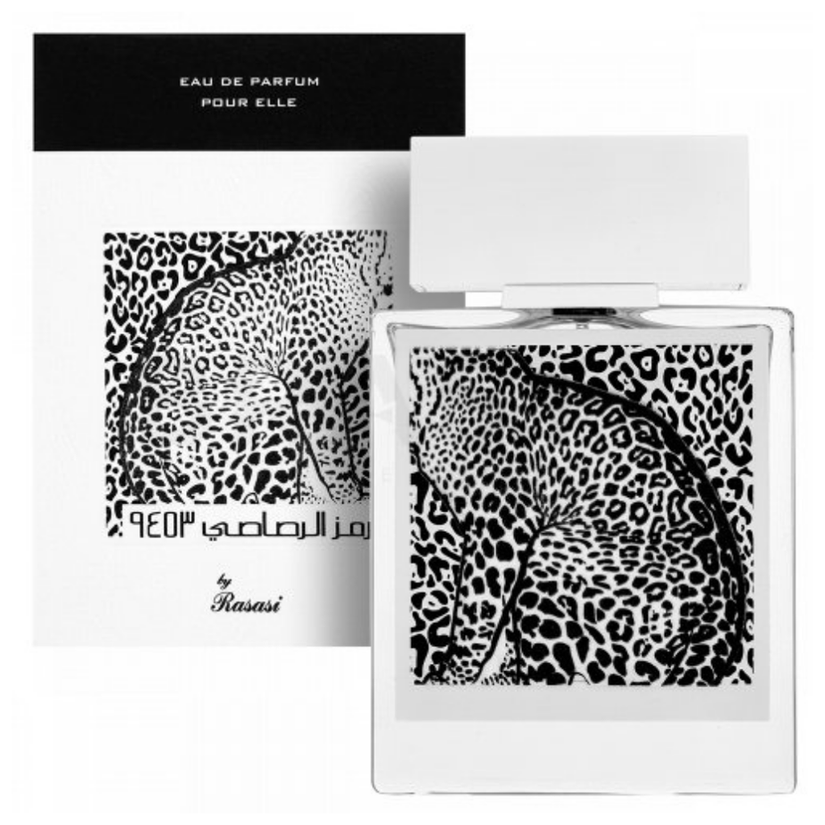 Rasasi Rumz Al Rasasi 9453 Leopard Pour Elle women’s 50ml Eau De Parfum bottle with leopard design.