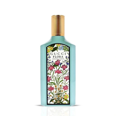 Gucci Flora Gorgeous Jasmine Eau de Parfum spray bottle, 100ml, featuring floral jasmine scent with elegant packaging.