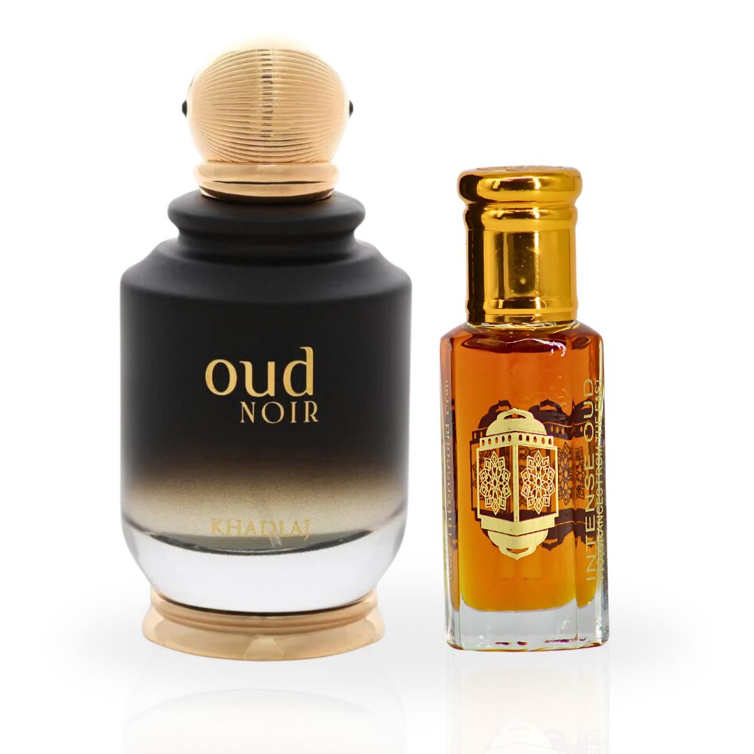 Oud Noir EDP Spray 100ML (3.4OZ) By Khadlaj & Nouf Perfume Oil 12ML (0.4 OZ) By Intense Oud With Magnetic Gift Box | Exude Sophistication With Every Spray. - Intense Oud