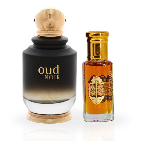 Oud Noir EDP Spray 100ML (3.4OZ) By Khadlaj & Nouf Perfume Oil 12ML (0.4 OZ) By Intense Oud With Magnetic Gift Box | Exude Sophistication With Every Spray. - Intense Oud