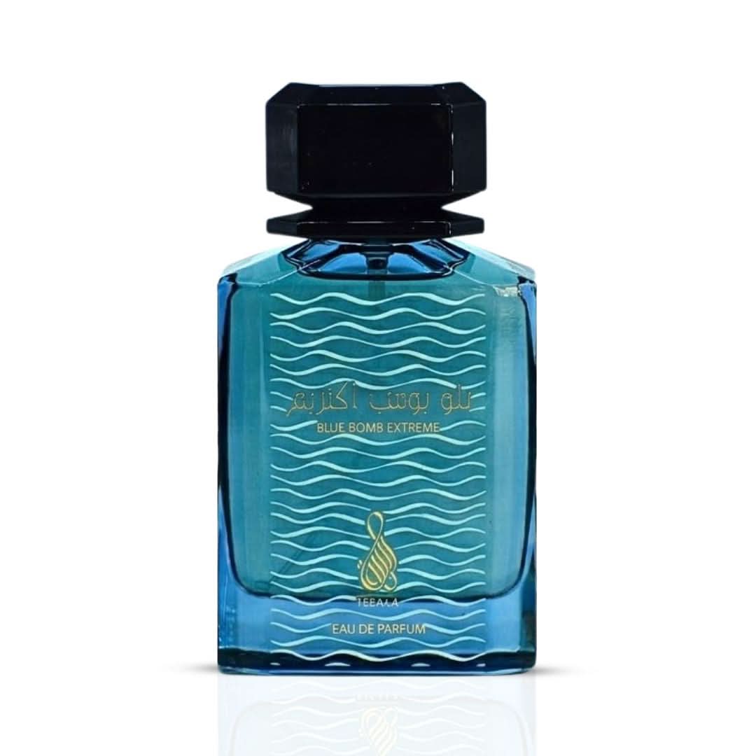 RISALA Blue Bomb Extreme Eau de Parfum Spray 100ml with velvet pouch, featuring a sleek blue bottle and elegant packaging.