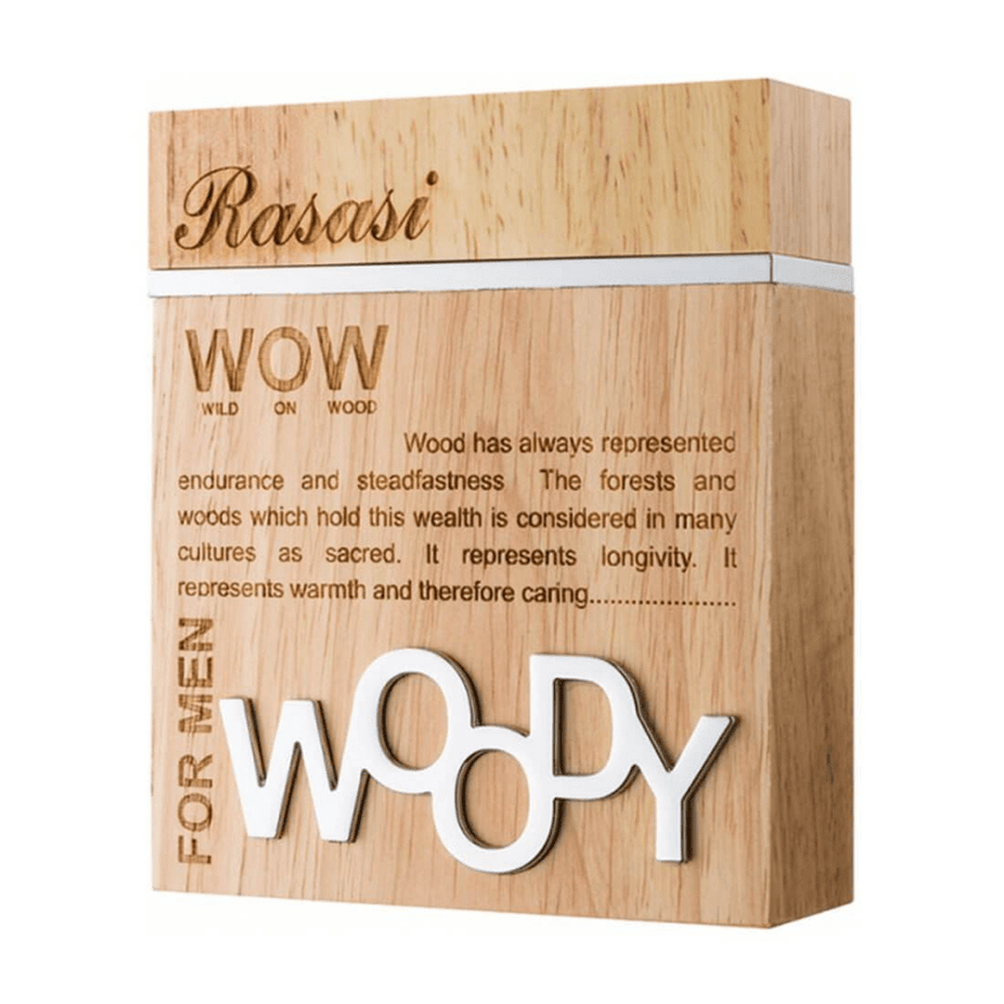 Rasasi Woody for Men EDP Eau de Parfum 60ML bottle, featuring a sleek design and dark amber fragrance liquid.
