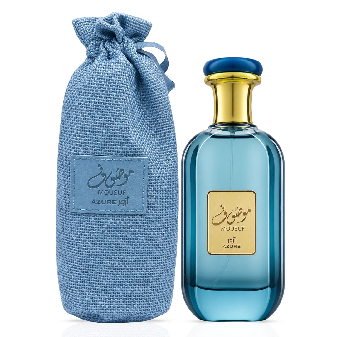 Bundle of Ard Al Zaafaran Mousuf & Mousaf Azure Eau de Parfum sprays, 100ml each, with elegant bottles and branding.