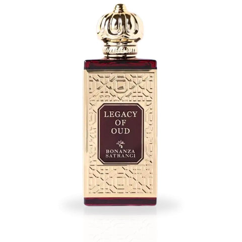 Legacy of Oud Eau de Parfum spray by Bonanza Satrangi, 75ml (2.53 oz), featuring a sleek glass bottle with a decorative cap.