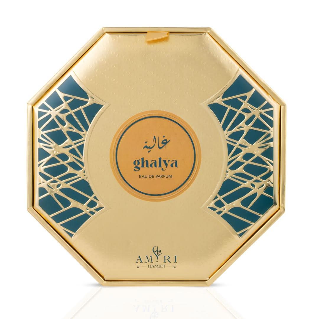 Hamidi Ghalya Amiri Eau de Parfum Spray 100ml bottle with elegant design and gold accents, showcasing the luxurious fragrance.