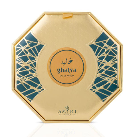 Hamidi Ghalya Amiri Eau de Parfum Spray 100ml bottle with elegant design and gold accents, showcasing the luxurious fragrance.