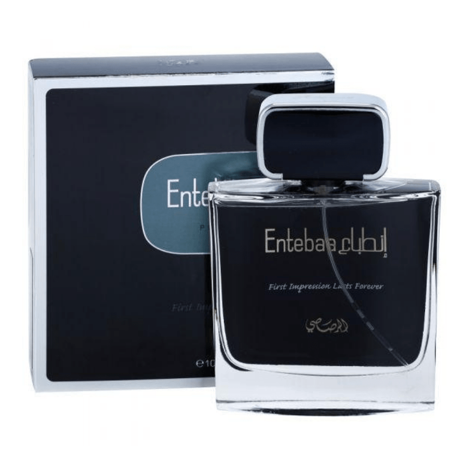 Rasasi Entebaa for Men Eau de Parfum spray 100ml, featuring a sleek bottle design and dark fragrance liquid.