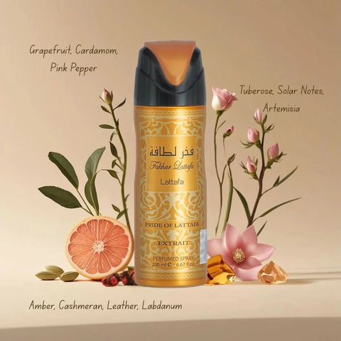 Fakhar Gold Lattafa deodorant spray 200ml with gold accents, featuring a sleek gold and black bottle design.
