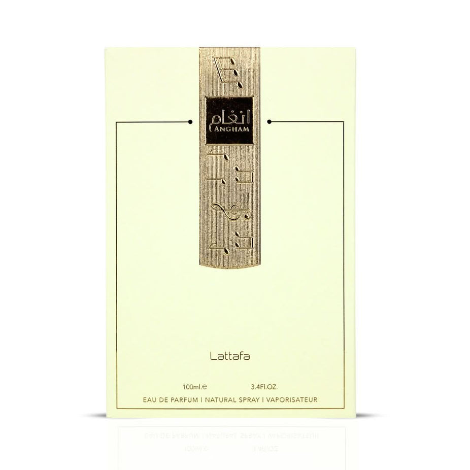 Lattafa Angham Eau de Parfum spray 100ml bottle with elegant packaging and floral design.
