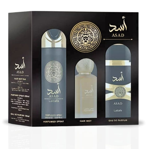 Asad Gift Set Eau De Parfum Spray - 100ML, Hair Mist - 50ML, Perfumed Spray 200ML | Gift Set By Lattafa - Intense Oud