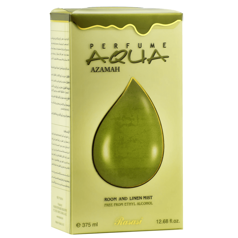 Rasasi Aqua Azamah 375ml air freshener spray with a sleek blue bottle and label, designed to freshen indoor spaces.