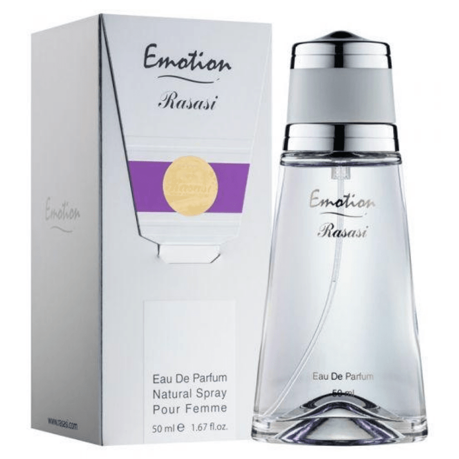 Rasasi Emotion for Women EDP perfume bottle with floral and fruity design, 50 ML (1.7 oz) elegant packaging visible.