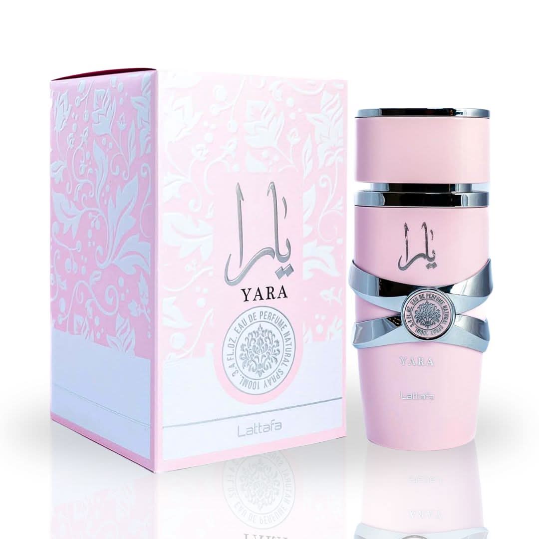 Lattafa Yara EDP spray, hair mist, and perfumed spray bottles in a bundle, featuring elegant packaging and product labels.