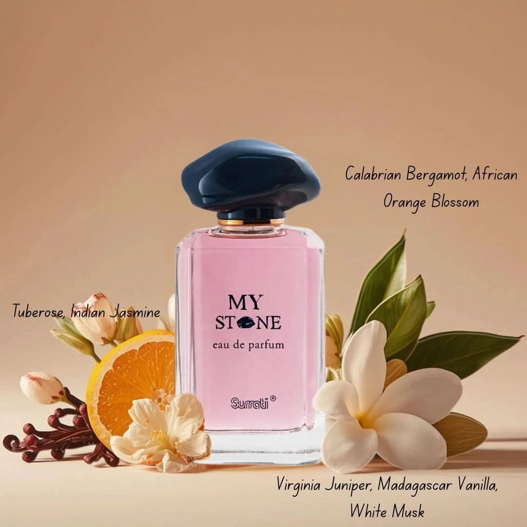 Surrati My Stone Eau de Parfum Spray 115ml, elegant bottle with velvet pouch, showcasing the luxurious fragrance and design.