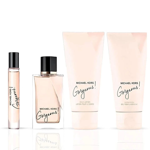 Michael Kors 4-piece gift set including EDP spray, body lotion, shower gel, and mini EDP spray in elegant packaging.