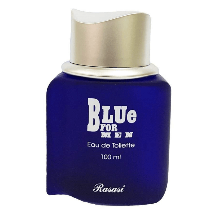 Blue for Men Rasasi Eau De Toilette 100ML bottle with blue and silver accents, showcasing the fragrance packaging.