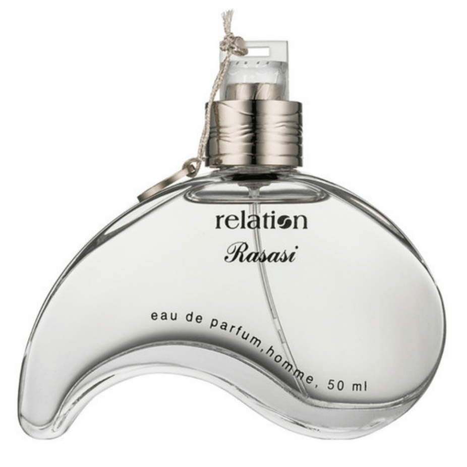 Rasasi Relation for Men Eau De Parfum 50ml bottle with sleek black and silver design, showcasing the men's fragrance packaging.