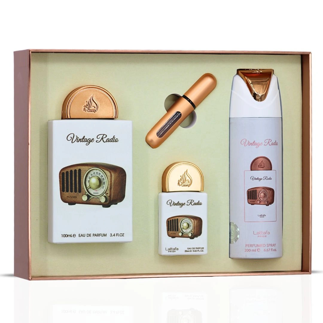 Lattafa Pride Vintage Radio 3-Piece Eau de Parfum Gift Set | A Static of Spice, A Signal of Smoke (Gift Set) - Intense Oud