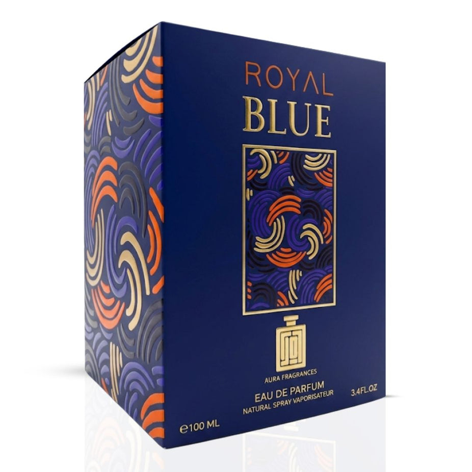 Aura by Aura Royal Blue Eau de Parfum spray bottle, 100ml, featuring sleek design and deep blue liquid for women.