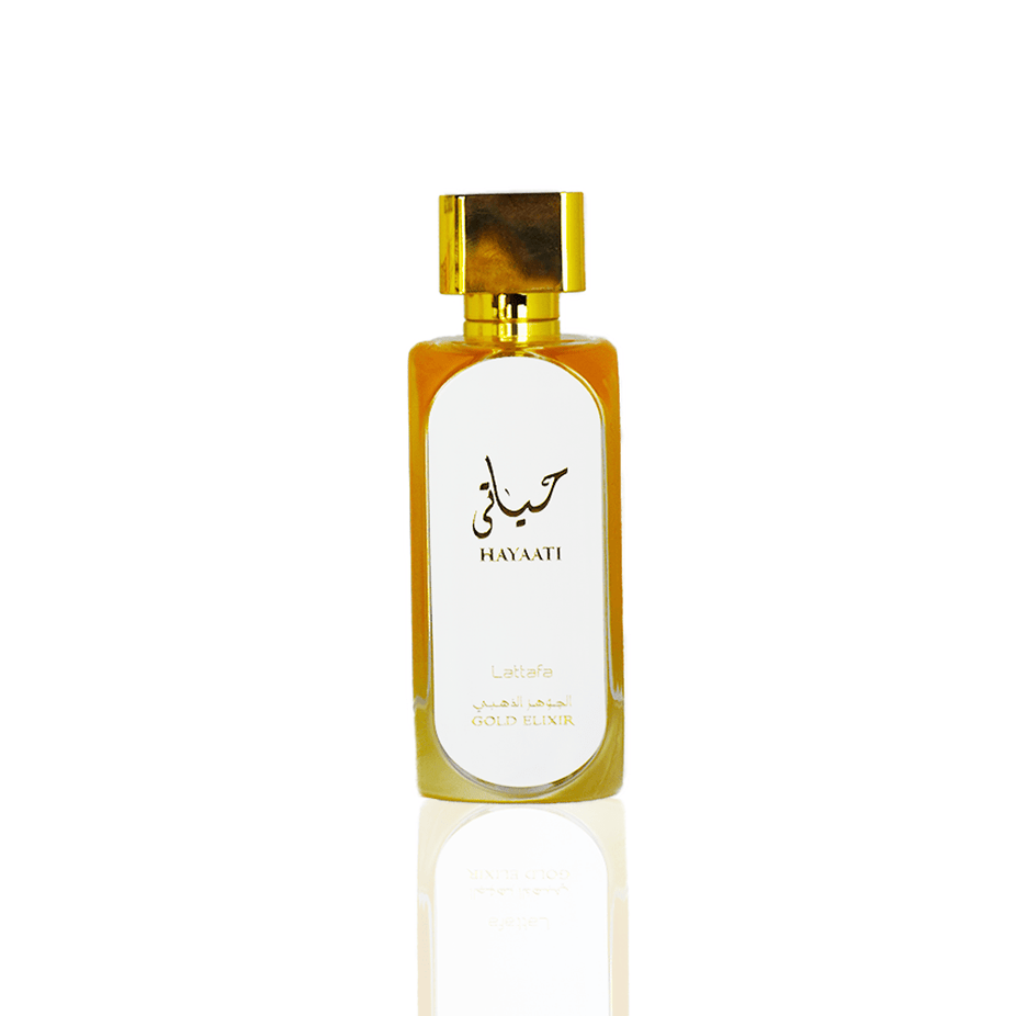 Lattafa Hayaati Gold Elixir Eau De Parfum for Women, 100ML bottle with elegant packaging.