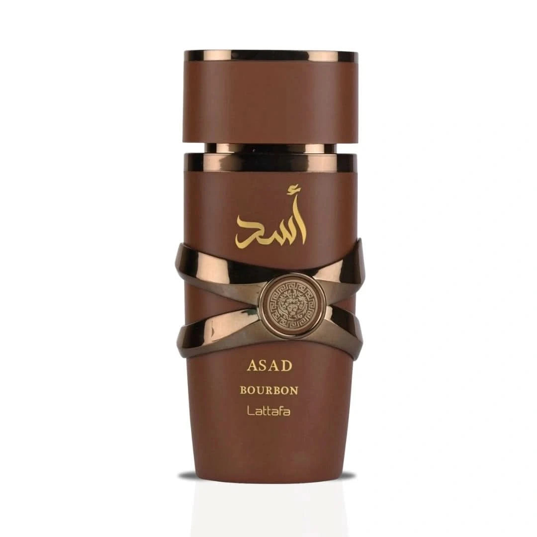 Asad Bourbon Eau De Parfum spray bottle by Lattafa, 100ml, with velvet pouch, showcasing the elegant perfume packaging.