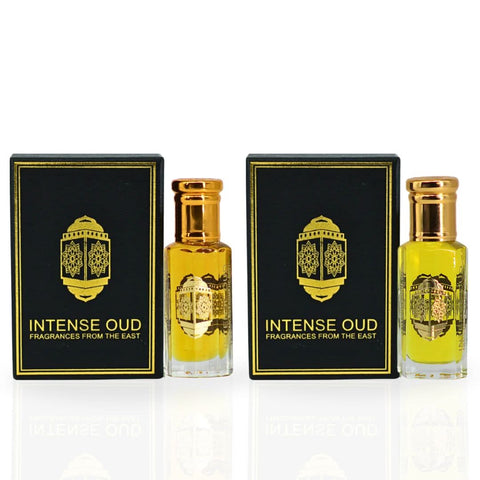 Bundle of two Intense Oud perfume oils for women, Coco Madam and Poison Girl, in 12ml black gift boxes with elegant packaging.