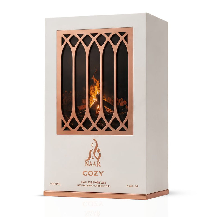 Aura by Aura Naar Cozy Eau de Parfum spray 100ml bottle, elegant design, showcasing the luxury fragrance packaging.