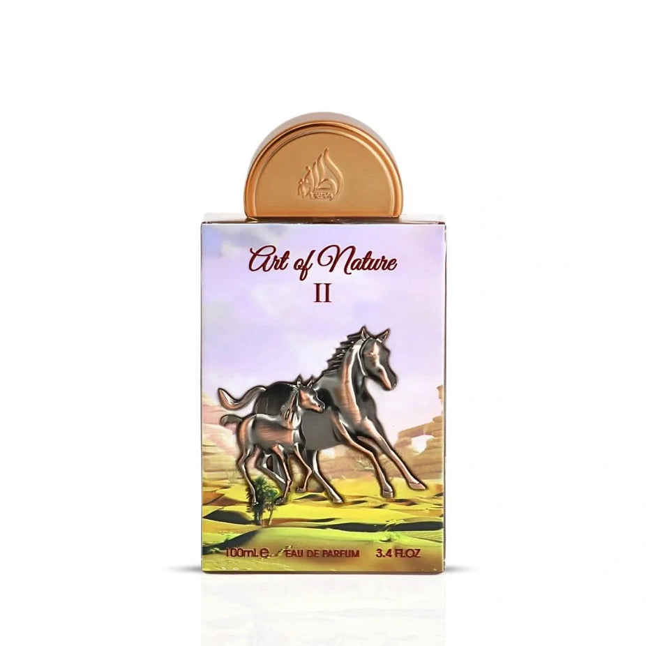 Lattafa Pride Art of Nature II Eau de Parfum spray 100ml with elegant bottle and floral design.