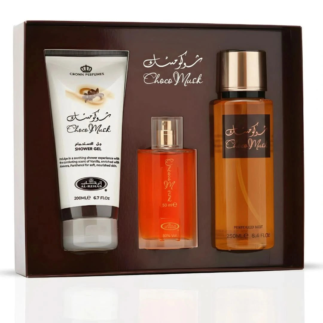 Al Rehab Choco Musk 3-piece perfume gift set with bottles featuring elegant packaging and matching caps on a white background.