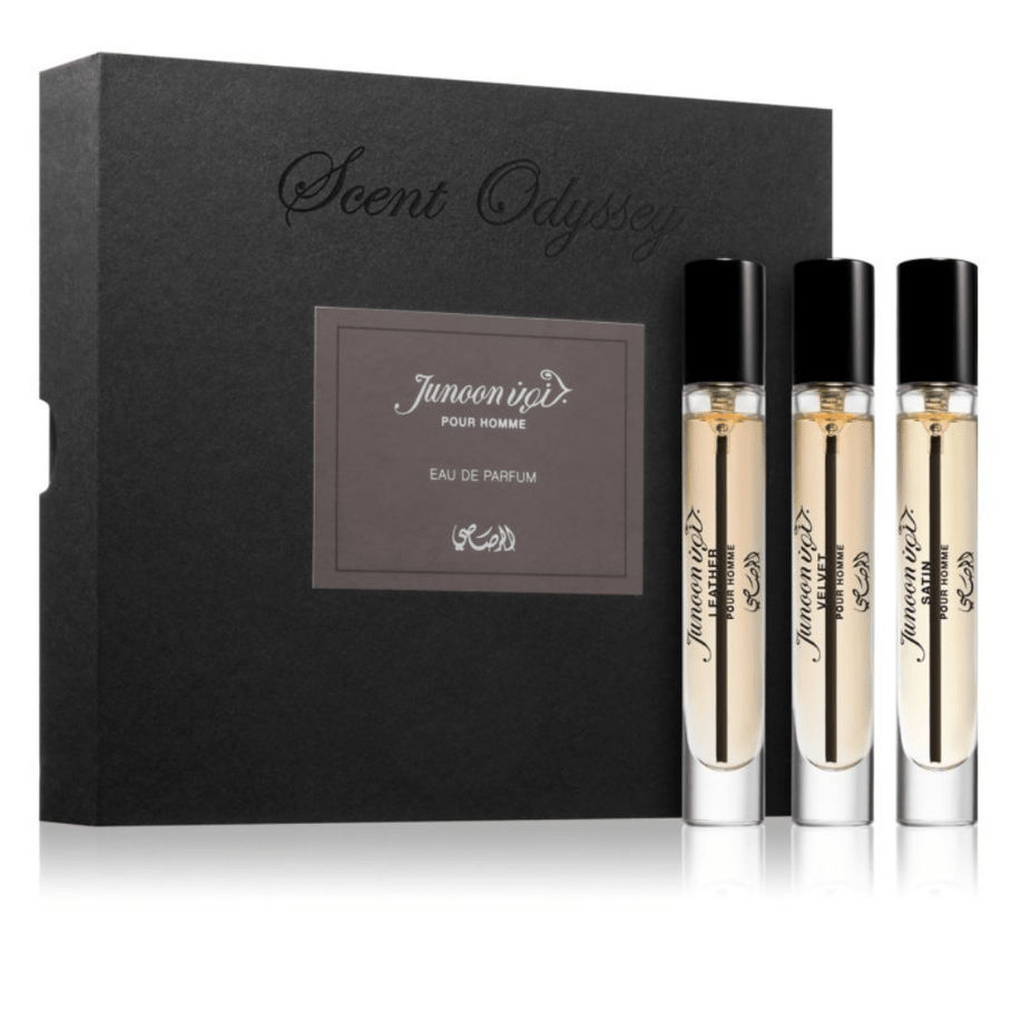 Rasasi Scent Odyssey Junoon pour Homme perfume gift set with three 7.5ml bottles, showcasing elegant packaging and perfume bottles.