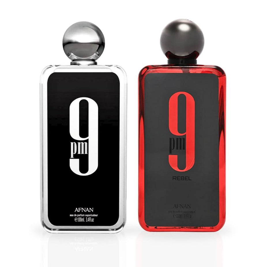 Afnan 9PM & Rebel Eau de Parfum spray bundle with two 100ml bottles, featuring sleek packaging and elegant fragrance bottles.