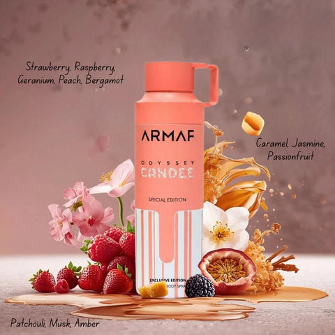 Odyssey Candee deodorant spray by Armaf in 200ml bottle, showing the sleek design and label of the deodorant product.