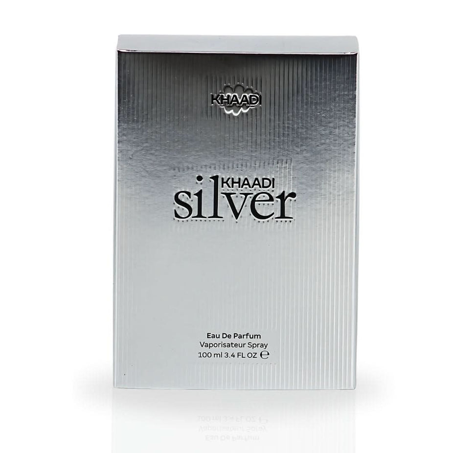 Silver Khaadi Eau de Parfum spray bottle, 100ml, elegant design, showcasing the luxurious fragrance packaging.