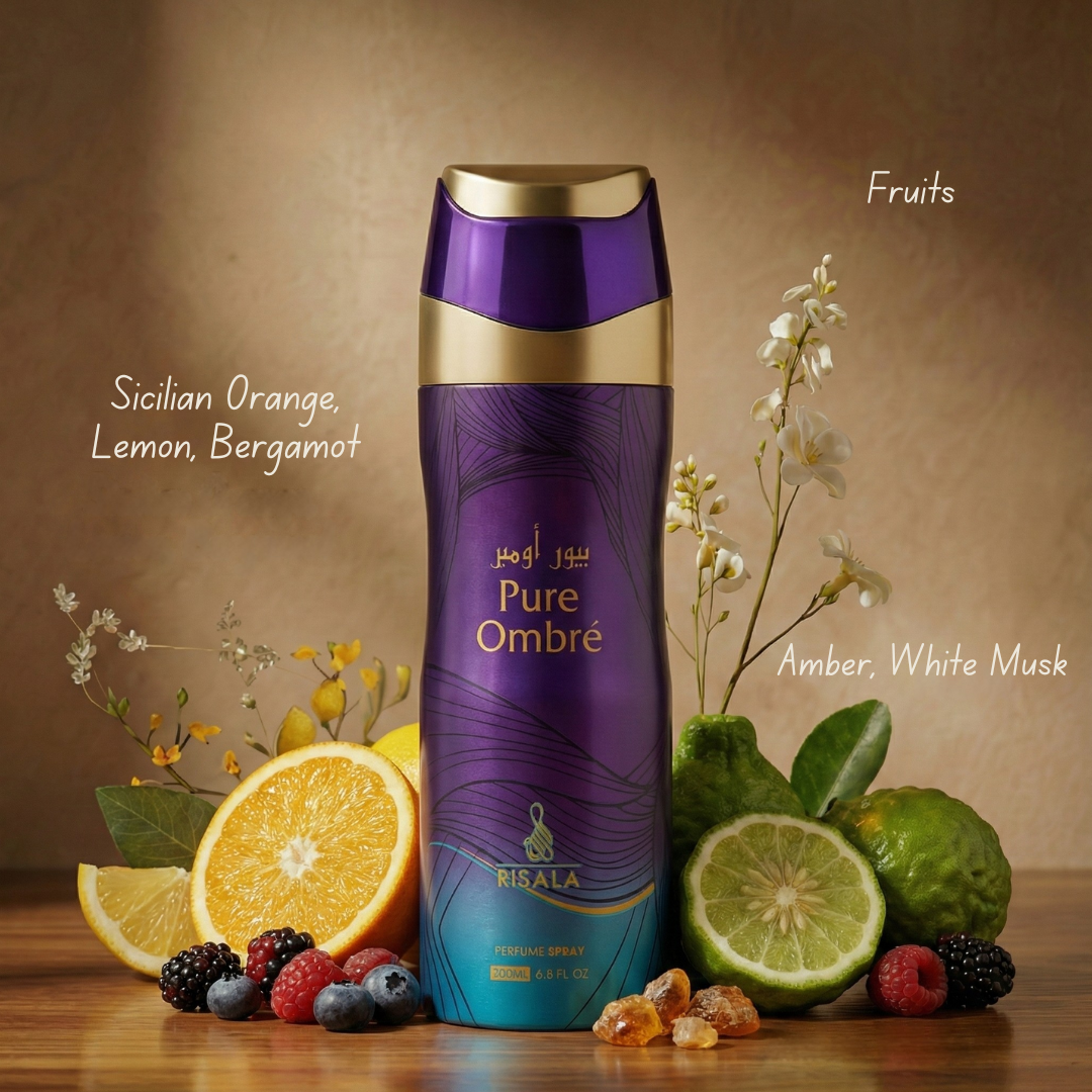 Risala Pure Ombre perfumed body spray 200ml deodorant with a sleek bottle and elegant design.