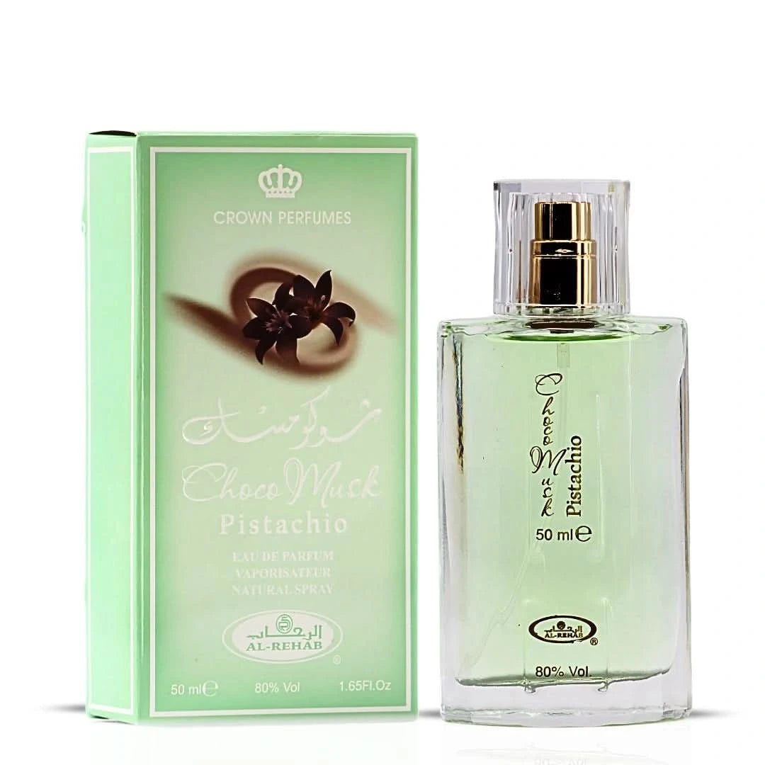 Al Rehab Choco Musk Marshmallow and Pistachio Eau De Parfum sprays in 50ml bundle, featuring elegant bottles with floral and chocolate accents