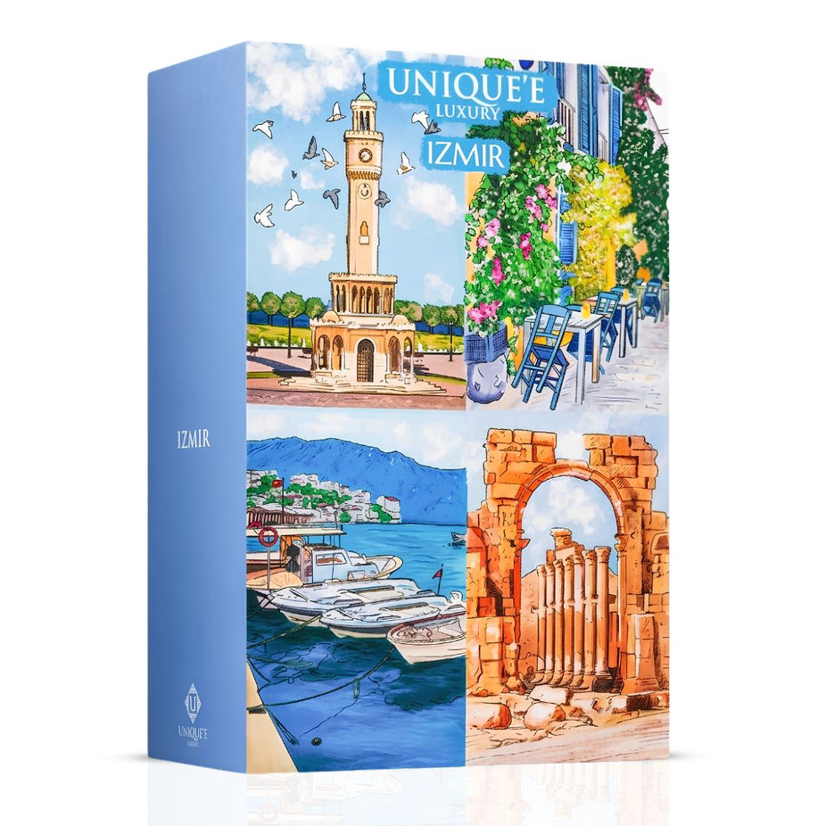 Izmir Extrait de Parfum Spray by Unique'e Luxury, 100ml EDP bottle with elegant design on a white background.