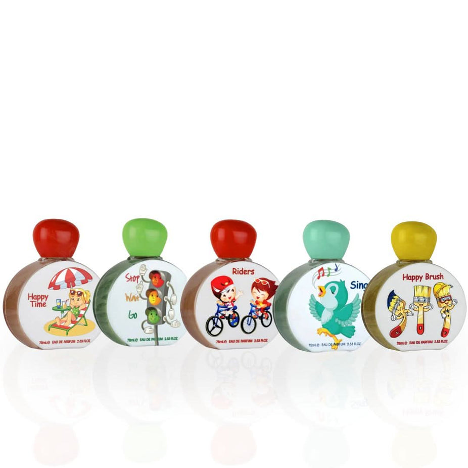 Lattafa Pride Happy Brush Happy Time Riders & Sing kids Eau de Parfum spray 75ml collection, colorful and playful packaging.
